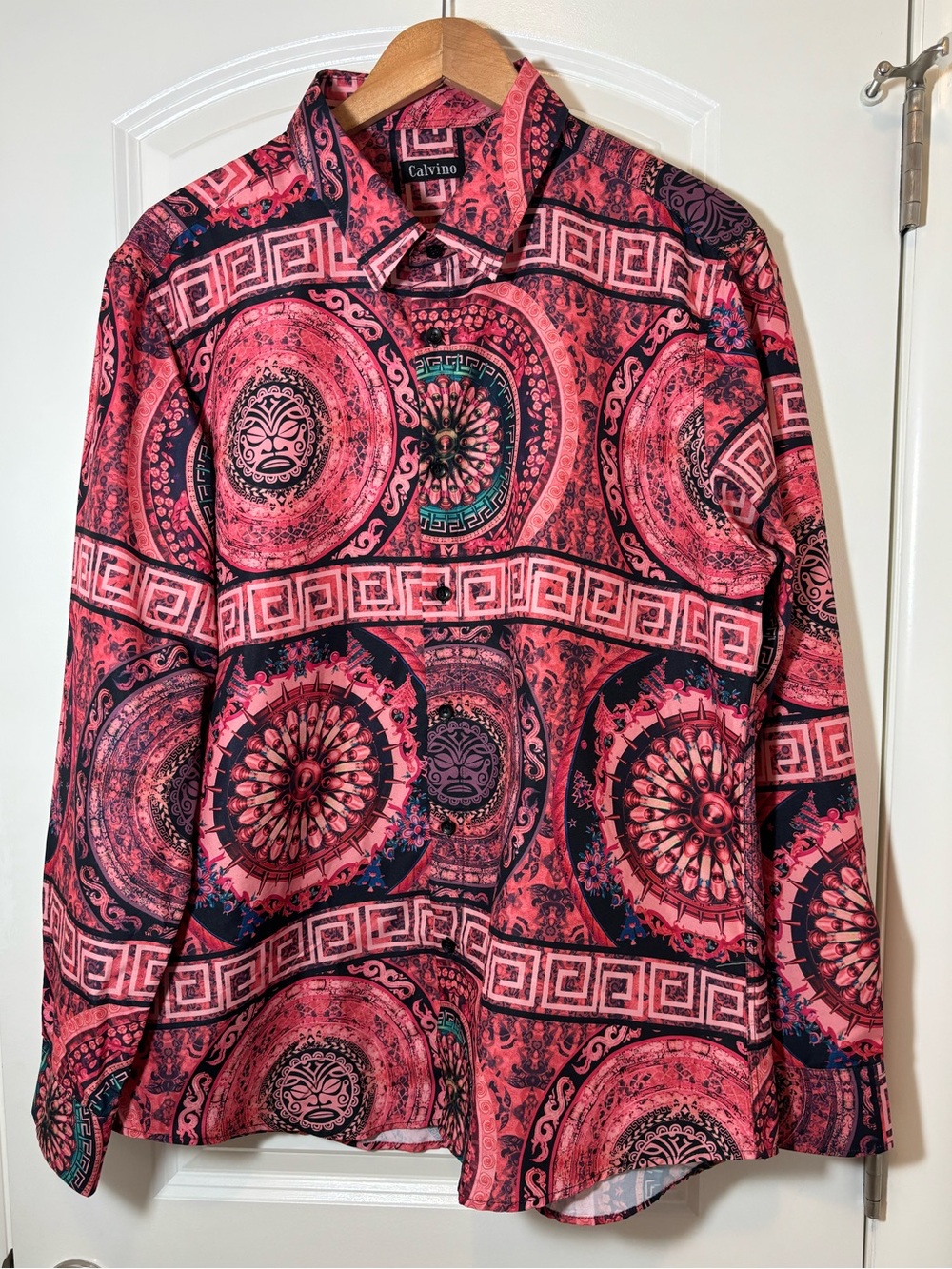 Pink Medallion Print Casual Button-Down Shirt #373